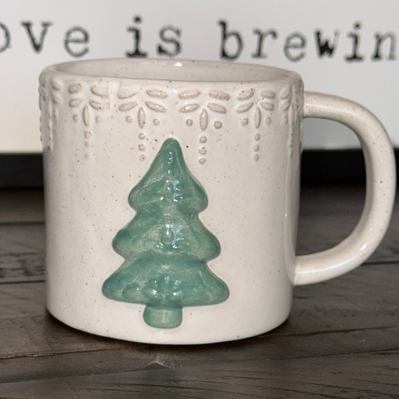 WORLD MARKET Light Gray Christmas Tree Reactive Glaze Ceramic Coffee Tea Mug Cup - Picture 1 of 6